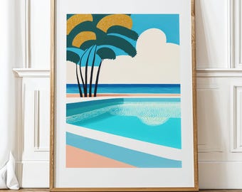 Könnte beinhalten: Eine digitale Illustration eines Schwimmbeckens mit einem blauen, weißen und rosafarbenen Rand. Das Schwimmbecken ist von einem Sandstrand und einem blauen Meer umgeben. Im Vordergrund steht eine grüne Palme mit goldenen Akzenten.