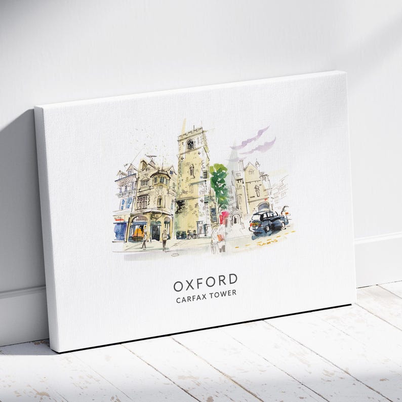 May include: A watercolor painting of Carfax Tower in Oxford, England. The tower is a tall, slender building with a clock face and a spire. The painting is done in a light, airy style, with a soft palette of colors. The text "Oxford Carfax Tower" is printed below the image.