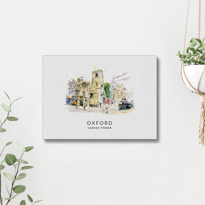 May include: A watercolor illustration of Carfax Tower in Oxford, England. The tower is a historic landmark and is surrounded by other buildings. The illustration is in a muted color palette with shades of gray, brown, and green.