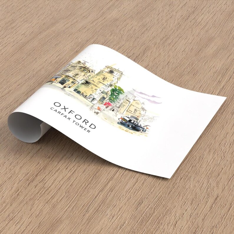 May include: A watercolor illustration of Carfax Tower in Oxford, England. The illustration is in a white frame with the text "Oxford Carfax Tower" printed below the image.