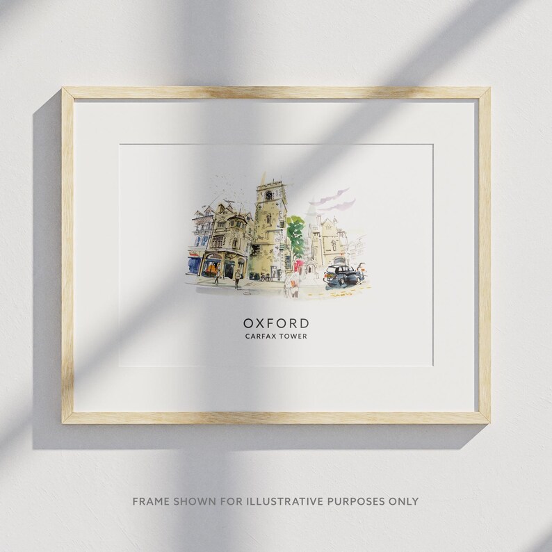 May include: A watercolor illustration of Carfax Tower in Oxford, England. The tower is a historic landmark and is surrounded by other buildings. The illustration is in a light brown frame.