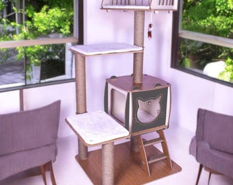 May include: A multi-level cat tree with a brown wood base and sisal rope posts. The tree has a platform, a cubby with a cat-shaped cutout, and a ladder. The tree is in a room with a window and two chairs.