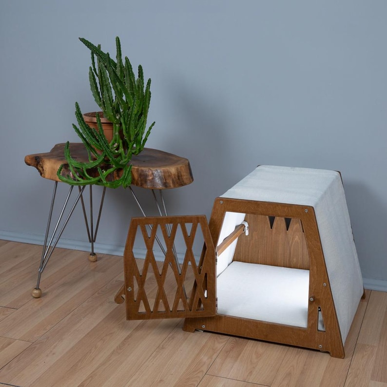 Caseta para perros de madera auténtica de alta calidad y lujo con cama de espuma viscoelástica (tamaños extra pequeño, pequeño y mediano).