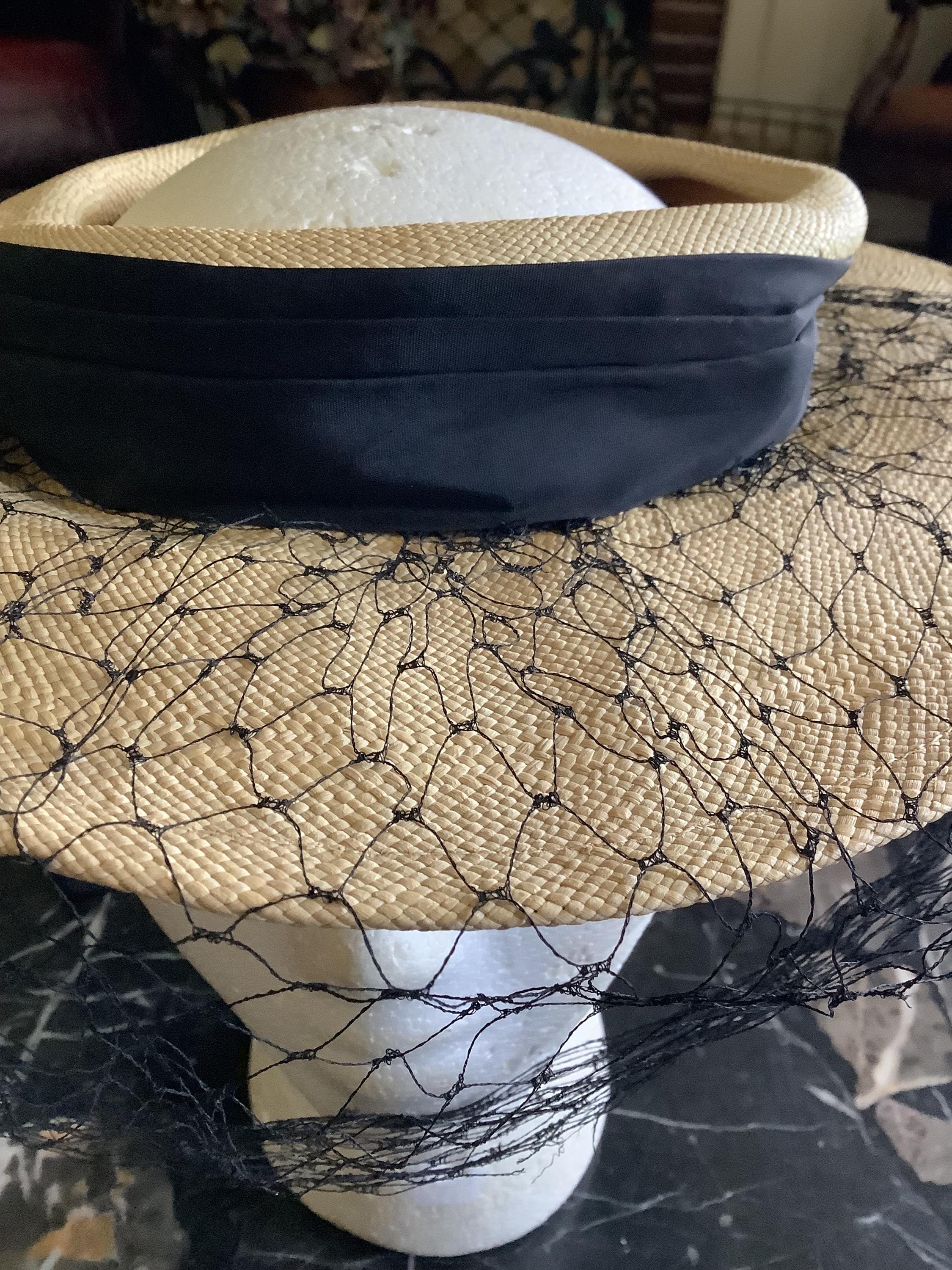 Vintage Himelhochs of Detroit raffia open top hat with black veil and bow Vintage Himelhochs of Detroit Raffia Open Top Hat With Black  main image 4