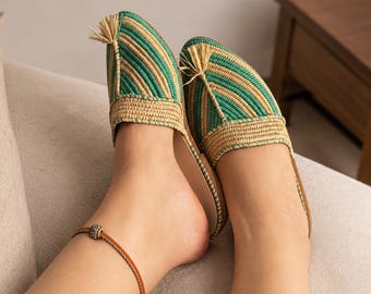 Pantofole babouche marocchine in rafia fatte a mano, scarpe da donna intrecciate senza lacci, mocassini in paglia naturale