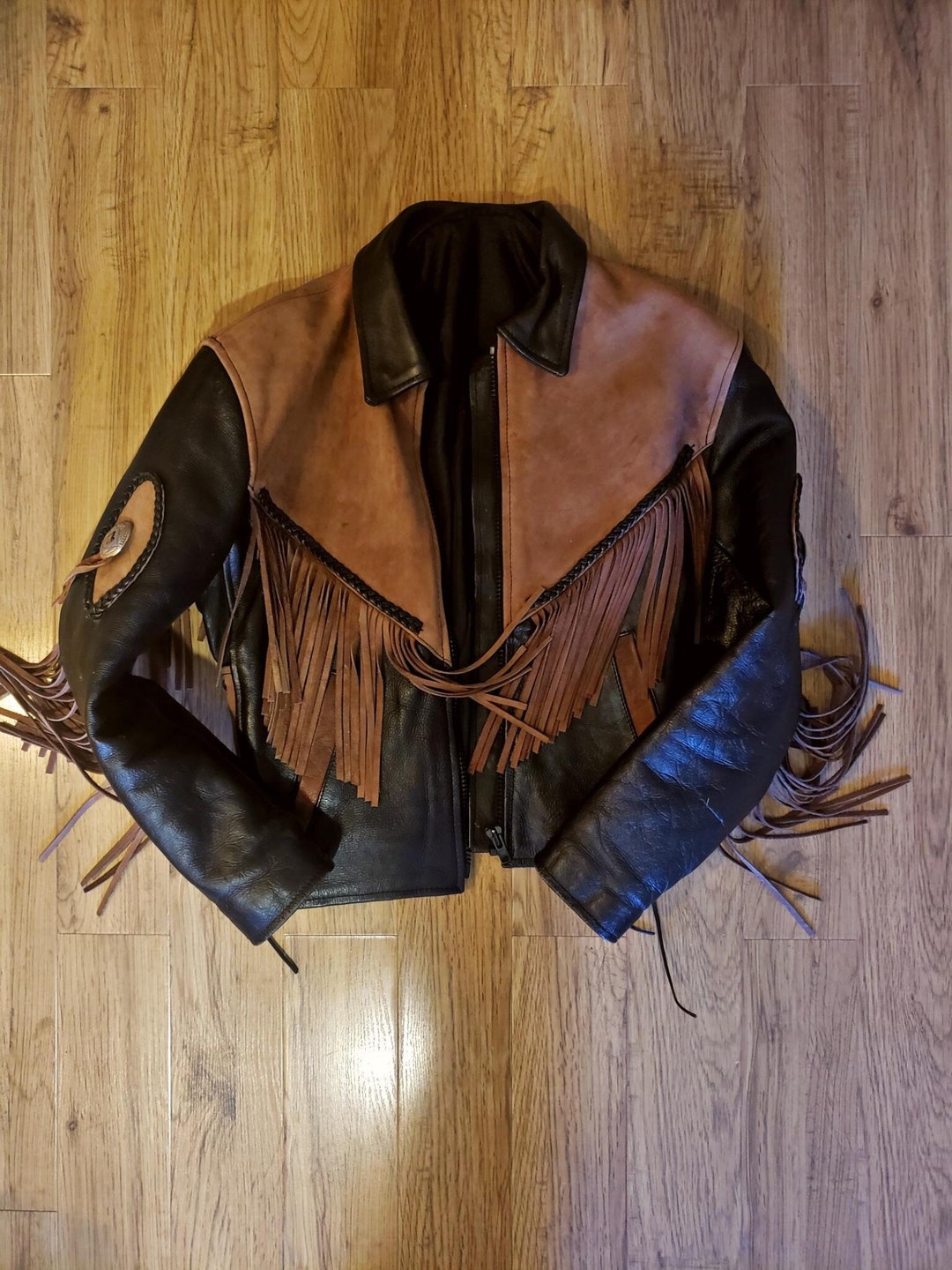 Vintage Two Tone Leather Biker Jacket With Tassels Etsy
