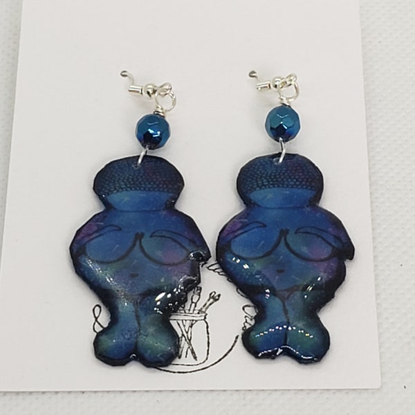 Original Painting Quirky Galaxy Goddess Earrings - Blue Domed Resin