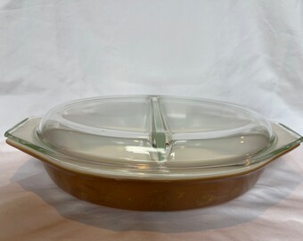 Vintage Early American Brown and 22K Gold Pyrex Divided Oblong Casserole with Lid
