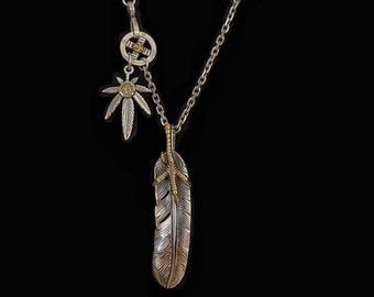 Japan Takahashi Goros Feather Bird Necklace Set Big Feathers 66x14mm & Brass-Plated Craw Retro 925 Sterling Silver Hip Hop Style Necklace