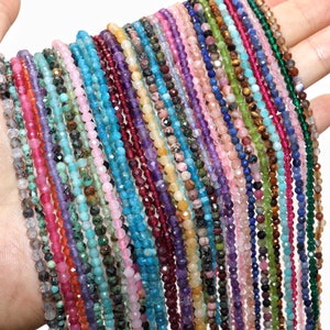 Perline rotonde sfaccettate da 2 mm, 3 mm e 4 mm, perline di pietre preziose naturali per la creazione di gioielli fai da te, perline di acquamarina/amazzonite/quarzo rosa/granato, qualità AAA, 15"
