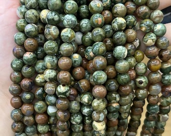 Cuentas redondas de jaspe de riolita de la selva Natural, 4mm, 6mm, 8mm, 10mm, verde, marrón, naranja, marrón, cuentas de piedra para pulsera, collar, fabricación de joyas DIY
