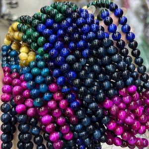 Perline miste di occhio di tigre giallo rosa verde blu, perline rotonde sciolte di pietre preziose naturali autentiche per la creazione di gioielli fai da te, opzioni di lotto all'ingrosso da 4 mm, 6 mm e 8 mm.