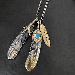 Takahashi Goros Feather Blue Turquoise Necklace Two Big Feathers 66x14mm Brass-Plated Craw Retro Sterling 925 Silver Hip Hop Style Necklace