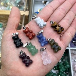 Gemstone Tiny Bear Pendant, Natural Stone Pendant Brass Plated for Necklace, Choose Your Stone: Amethyst, Rose Quartz, Howlite, Sodalite etc