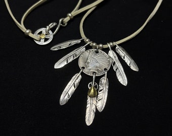 Japan Takahashi Goro Necklace Indian Head 26mm Big Feather 7x40mm Small Feather 6x33mm Retro Sterling 925 Silver Hip Hop Style Necklace 44cm