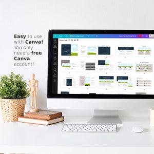 Puede incluir: Una pantalla de ordenador que muestra una plantilla de dise&ntilde;o de Canva para una gu&iacute;a de precios de servicios. La plantilla presenta un esquema de color azul y verde con un fondo de paisaje. El texto "Copy of Service Pricing 01.44" es visible en la parte superior de la pantalla.