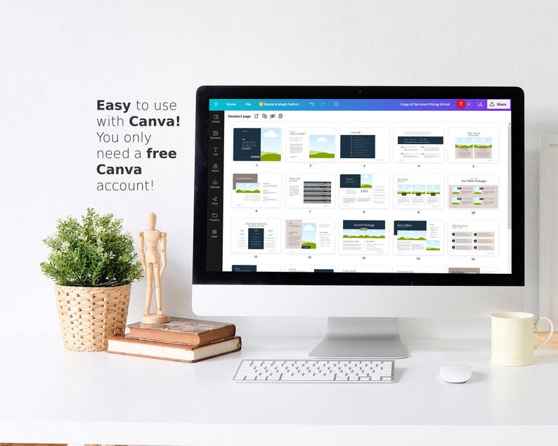 Puede incluir: Una pantalla de ordenador que muestra una plantilla de dise&ntilde;o de Canva para una gu&iacute;a de precios de servicios. La plantilla presenta un esquema de color azul y verde con un fondo de paisaje. El texto "Copy of Service Pricing 01.44" es visible en la parte superior de la pantalla.