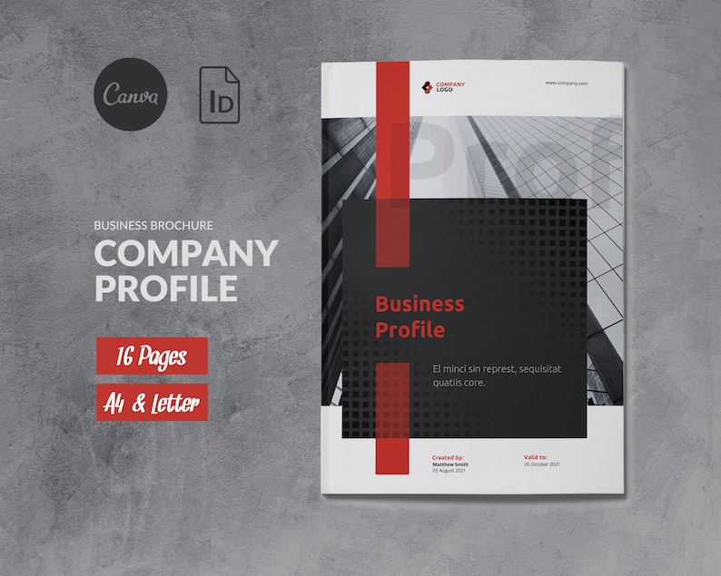 May include: A black and white image of a city skyline with a red vertical stripe. The text "Business Profile" is in a black box with a white dotted pattern. The text "El minci sin represt, sequisitat quatiis core." is below the black box. The text "Created by: Maxime Smith 05 August 2021" is in the bottom left corner. The text "Valid to: 05 October 2021" is in the bottom right corner.