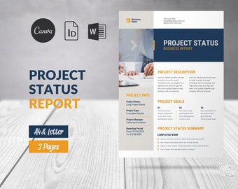 Könnte beinhalten: Eine blaue und gelbe Projektstatusbericht-Vorlage mit einem Business-Report-Titel. Der Bericht enthält Abschnitte für Projektinfo, Projektbeschreibung, Projektziele und Projektstatuszusammenfassung. Der Bericht ist für Papier im Format A4 und Letter konzipiert und umfasst 3 Seiten.