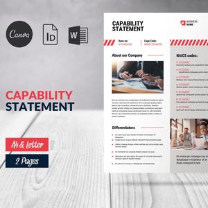 May include: A white and red capability statement template with the title "Capability Statement" in bold black text. The template includes sections for "About our Company", "Differentiators", and "NAICS codes".