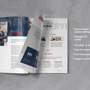 May include: A brochure mockup with a red, white, and blue color scheme. The brochure is open to a page with the text "Company Overview, Mission, Values". The other page has the text "Message from the Chairman".