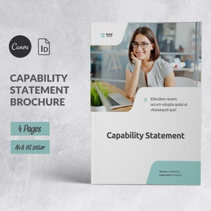 Könnte beinhalten: Eine weiße Broschüre mit einem blauen und grünen Farbschema. Die Broschüre trägt den Titel "Capability Statement" und zeigt eine lächelnde Frau. Der Text "Ellendem renem accum volupta quissi ut vitassequid quo!" ist ebenfalls enthalten.