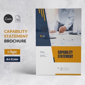 May include: A yellow and blue brochure with the text "Capability Statement" and "DUNS NO: 0123456789" and "CAGE CODE: ABC123456789".