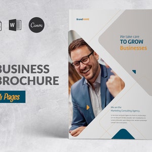 Pode incluir: Um folheto de negócios branco e cinza com um design geométrico azul e dourado. O folheto apresenta um homem sorridente com um terno azul e o texto "We take care TO GROW Businesses".