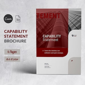 Może przedstawiać: Szablon broszury w kolorze czerwonym i białym do oświadczenia o możliwościach. Broszura ma nowoczesny design z tłem miejskim i tekstem "Oświadczenie o możliwościach" pogrubionym.