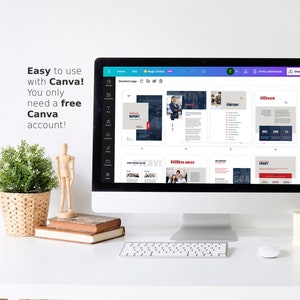 May include: A computer screen displaying a Canva design template for an annual report. The template includes sections for an overview, content, business areas, and a chart. The text "Easy to use with Canva! You only need a free Canva account!" is displayed on the left side of the screen.