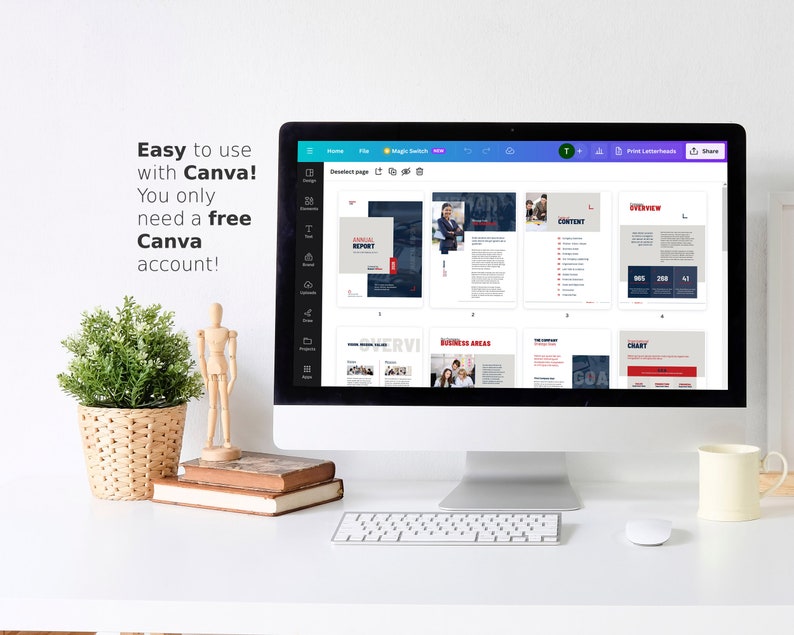 May include: A computer screen displaying a Canva design template for an annual report. The template includes sections for an overview, content, business areas, and a chart. The text "Easy to use with Canva! You only need a free Canva account!" is displayed on the left side of the screen.