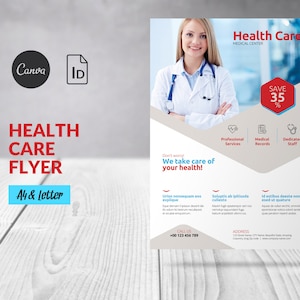 Szablon ulotki medycznej opieki zdrowotnej, edytowalna ulotka Canva Healthcare, biznes opieki medycznej, plakat usług szpitalnych, ulotka kliniki