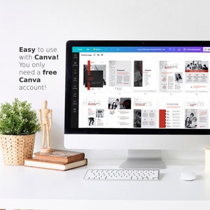 May include: A computer screen displaying a Canva document with a business profile template. The document is divided into sections with titles like "Foreword", "Content", "Diets", and "Team". The document is designed in a black and white color scheme with red accents.