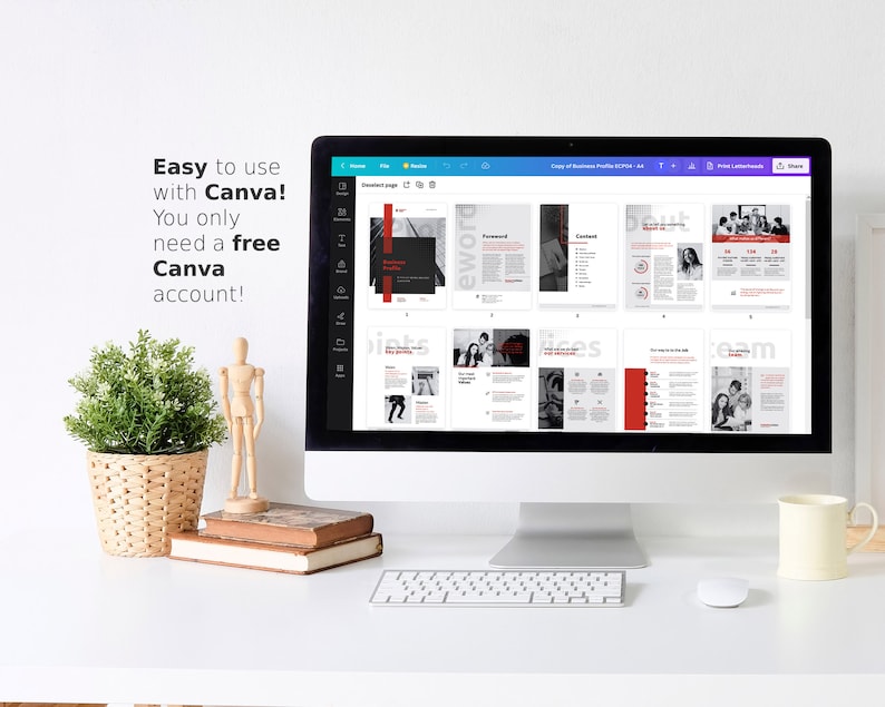 May include: A computer screen displaying a Canva document with a business profile template. The document is divided into sections with titles like "Foreword", "Content", "Diets", and "Team". The document is designed in a black and white color scheme with red accents.