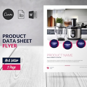 Könnte beinhalten: Ein weißer Produkt-Datenblatt-Flyer mit einem Foto eines silbernen und schwarzen Lebensmittelprozessors. Der Flyer enthält den Text "PRODUCT DATA SHEET FLYER" in blau und rosa. Der Flyer enthält auch den Text "PRODUCT NAME" in rosa. Der Flyer enthält den Text "SERIAL NUMBER 0123456789" in schwarz. Der Flyer enthält den Text "1700W POWER" in weiß auf einem rosa Kreis. Der Flyer enthält den Text "4 SPEED CONTROL" in weiß auf einem rosa Kreis. Der Flyer enthält den Text "LIFETIME WARRANTY" in weiß auf einem rosa Kreis.