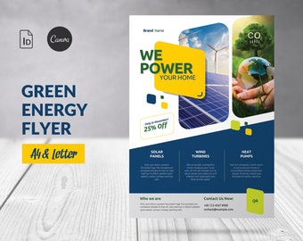 Solarenergie Flyer Vorlage, Erneuerbare Energien Flyer Canva Bearbeitbar, Green Energy Business, Solarkraft, Photovolatik, Wärmepumpe