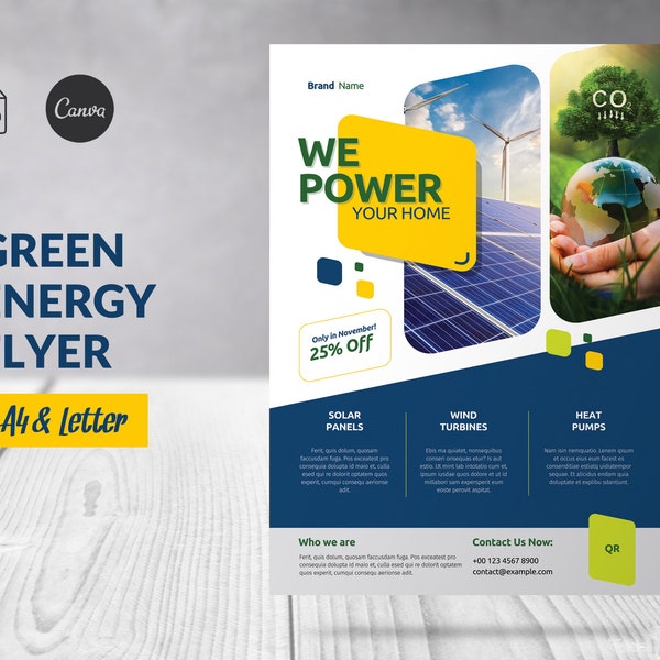 Solar Energy Flyer Template, Renewable Energy Flyer Canva Editable, Green Energy Business, Solar Power, Photovoltaic Panels, Heat Pump