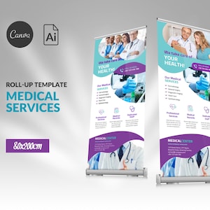 Healthcare Business Rollup Banner Template Canva Editable, Health Service Banner Roll-up, Standing Banner Retractable, Hospital Medical Care