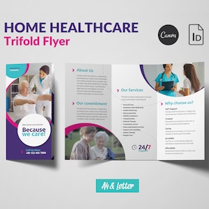 Modelo de folheto de assistência médica domiciliar com três dobras Canva, folheto de assistência para idosos para cuidadores, assistência domiciliar para idosos, folheto de enfermagem domiciliar com três dobras