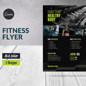 Puede incluir: Folleto de fitness negro y verde con el texto "Construye tu cuerpo sano" en verde y blanco. El folleto anuncia servicios de fitness como Zumba, Crossfit, pérdida de peso, artes marciales, culturismo y entrenamiento cardiovascular. También enumera instalaciones como descuentos para miembros, entrenador personal, planificador de fitness, taquilla personal, equipos modernos y duchas. El folleto incluye un número de teléfono, una dirección de correo electrónico, una dirección de sitio web y una dirección física. El folleto también incluye el texto "Únete a nosotros 30% de descuento" en verde y blanco.