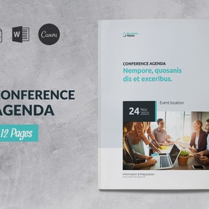 Conference Business Brochure Magazine, Conference Agenda Canva Template, Business Event Brochure Guide, Word Booklet Meeting Schedule