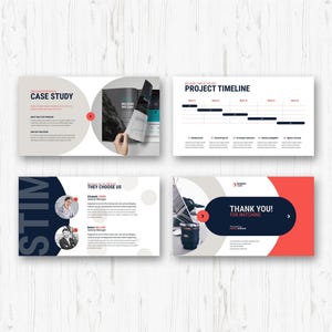 May include: A presentation layout with four slides. The slides feature text, graphics, and images. The slides include the titles "Case Study", "Project Timeline", "They Choose Us", and "Thank You! For Watching". The color scheme includes white, navy, red, and gray.