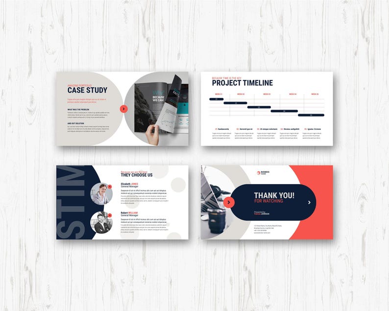 May include: A presentation layout with four slides. The slides feature text, graphics, and images. The slides include the titles "Case Study", "Project Timeline", "They Choose Us", and "Thank You! For Watching". The color scheme includes white, navy, red, and gray.