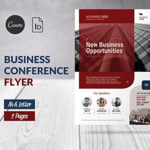 Business Event Conference Program Flyer Template Canva Editable, Business Conference Agenda Poster Red, Corporate Event Flyer Template