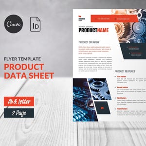 May include: A digital flyer template for a product data sheet featuring a white background with red and dark gray accents. The layout includes sections for product overview, features, and contact details, decorated with industrial gear imagery.