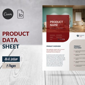 Könnte beinhalten: Eine Produkt-Datenblatt-Vorlage mit einem roten und weißen Farbschema. Die Vorlage enthält eine Produktübersicht, Produktmerkmale und einen Abschnitt für Produktspezifikationen. Die Vorlage ist für eine Vielzahl von Produkten konzipiert.
