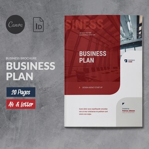 Könnte beinhalten: Eine rot-weiße Broschüre für einen Businessplan mit einem Foto eines modernen Bürointerieurs. Die Broschüre trägt den Titel "Businessplan" und enthält den Text "Design Agentur Start-Up".