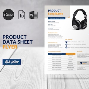 Könnte beinhalten: Ein Produkt-Datenblatt-Flyer für einen schwarzen Over-Ear-Kopfhörer. Der Flyer enthält eine Produktübersicht, technische Spezifikationen, wichtige Funktionen und Garantieinformationen. Der Flyer trägt den Titel "Produkt Langer Name" und enthält den Text "Produkt-Datenblatt-Flyer".