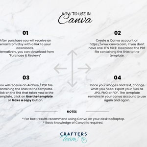 May include: A white marble background with black text explaining how to use a Canva template. The text includes the steps: 1. After purchase, you will receive an email with a link to your downloads. 2. Create a Canva account. 3. You will receive an Archive/PDF file containing the links to the template. 4. Place your images and text, change what you need. Export your files as JPG, PNG or PDF. The template remains in your Canva account to use again and again.  The text also includes notes: For best results recommend using Canva on your desktop/laptop. Basic knowledge of Canva is required. The text also includes the logo "CRAFTERS Team".