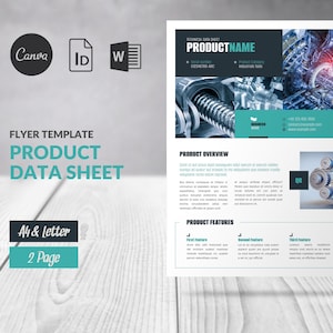 Könnte beinhalten: Produkt-Datenblatt-Flyer-Vorlage mit einem türkis-grauen Design. Der Flyer enthält den Text "PRODUCT NAME", "PRODUCT DATA SHEET" und "PRODUCT OVERVIEW". Erhältlich in A4- und Letter-Größe, 2-seitig.